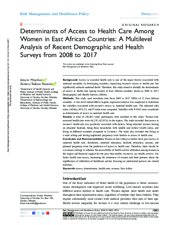 (PDF) Determinants of Access to Health Care Among Women in East African ...