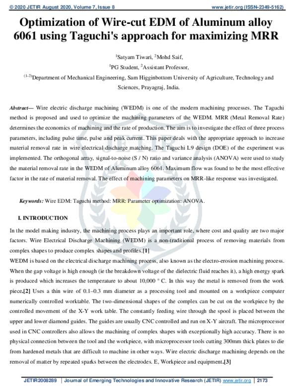 (PDF) Optimization of Wire-cut EDM of Aluminum alloy 6061 using Taguchi ...