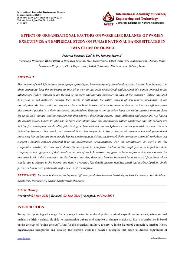 (PDF) EFFECT OF ORGANISATIONAL FACTORS ON WORK LIFE BALANCE OF WOMEN ...