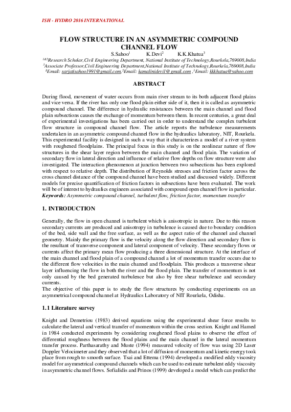 (PDF) Flow Structure in an Asymmetric Compound Channel Flow