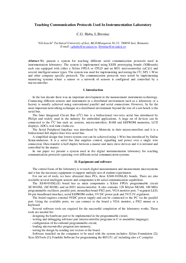 (PDF) Teaching Communication Protocols Used In Instrumentation Laboratory