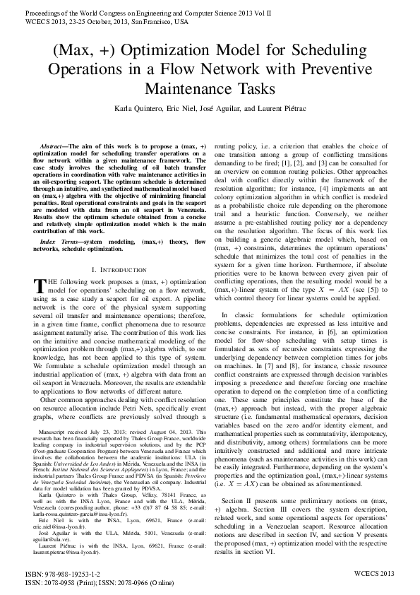 (PDF) (Max,+) Optimization Model for Scheduling Operations in a Flow ...