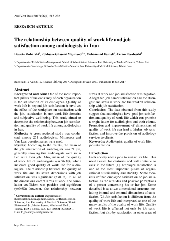 (PDF) The relationship between quality of work life and job ...