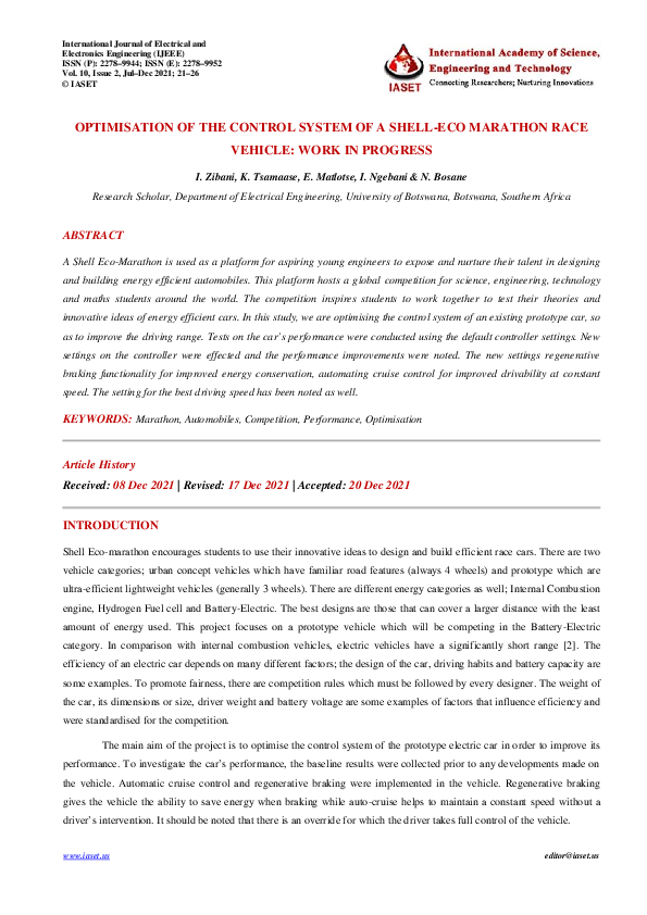 (PDF) OPTIMISATION OF THE CONTROL SYSTEM OF A SHELL-ECO MARATHON RACE ...