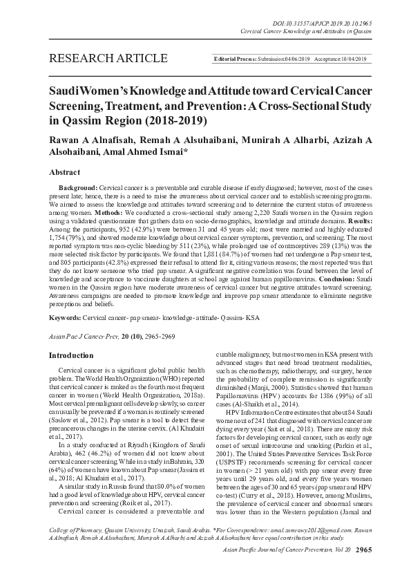 (PDF) Saudi Women’s Knowledge and Attitude toward Cervical Cancer ...
