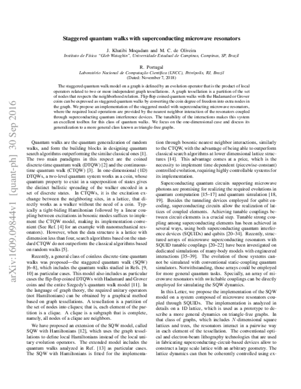 (PDF) Staggered quantum walks with superconducting microwave resonators