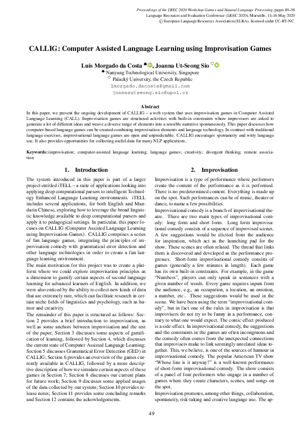 (PDF) CALLIG: Computer Assisted Language Learning using Improvisation Games
