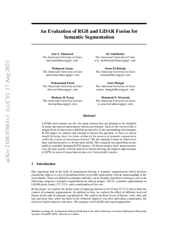 (PDF) An Evaluation of RGB and LiDAR Fusion for Semantic Segmentation