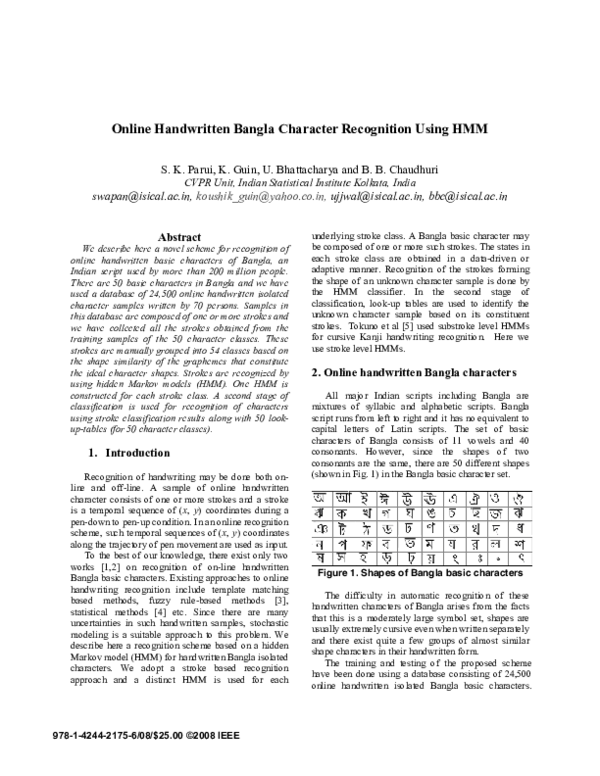 (PDF) Online handwritten Bangla character recognition using HMM
