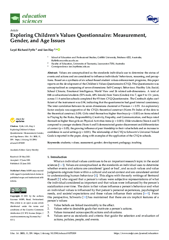 (PDF) Exploring Children’s Values Questionnaire: Measurement, Gender ...