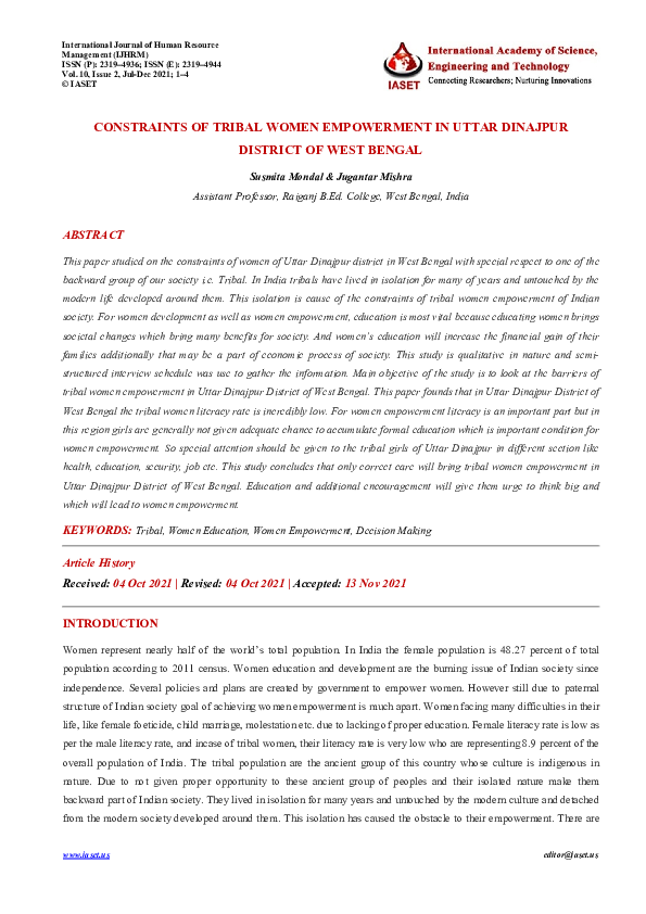 (PDF) CONSTRAINTS OF TRIBAL WOMEN EMPOWERMENT IN UTTAR DINAJPUR ...