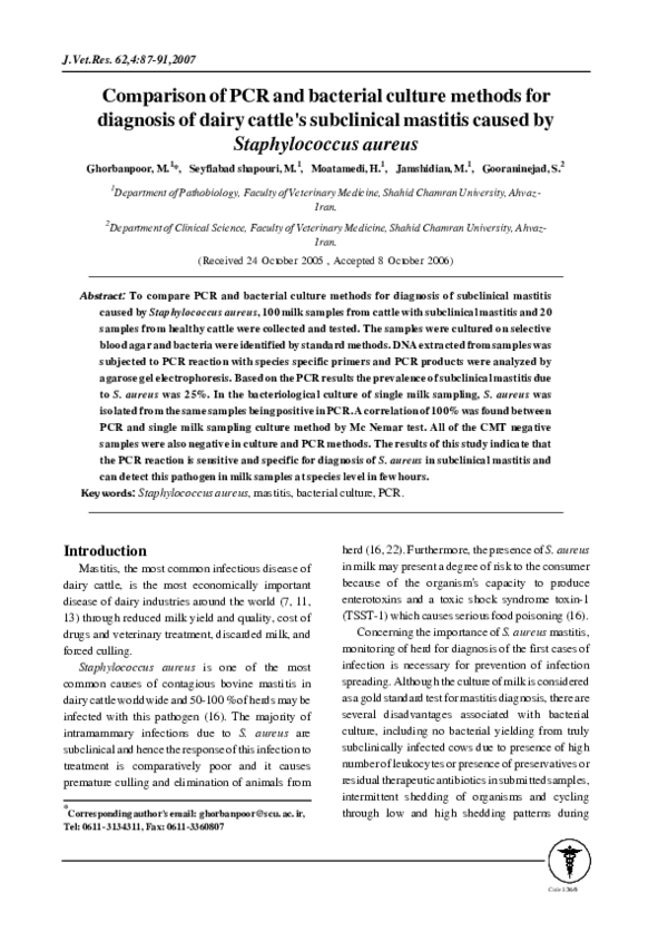 (PDF) Comparison of PCR and bacterial culture methods for diagnosis of ...
