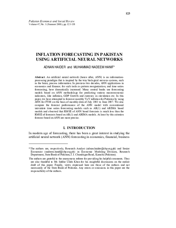 (PDF) Inflation Forecasting in Pakistan using Artificial Neural Networks