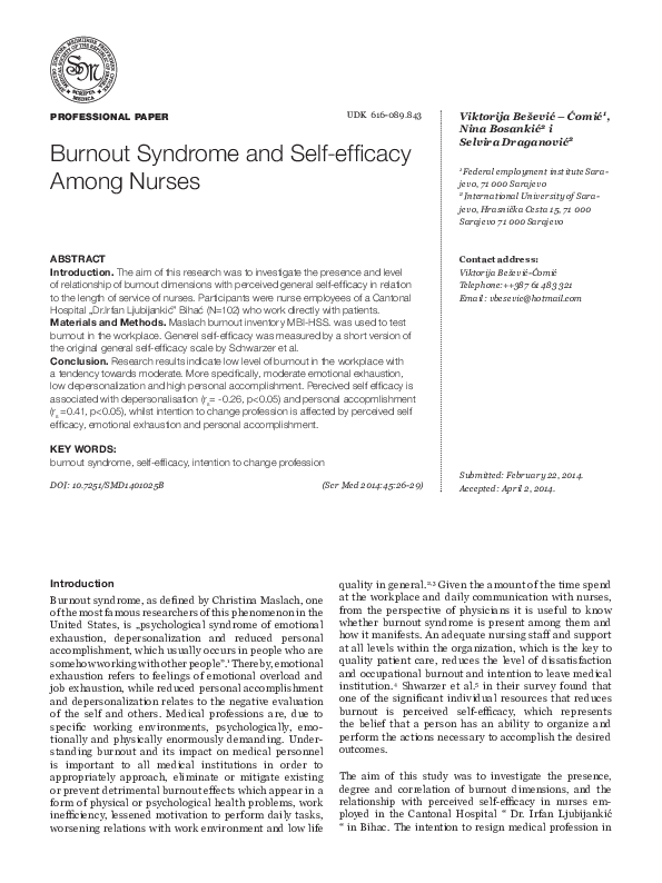 (PDF) Burnout syndrome and self-efficacy among nurses