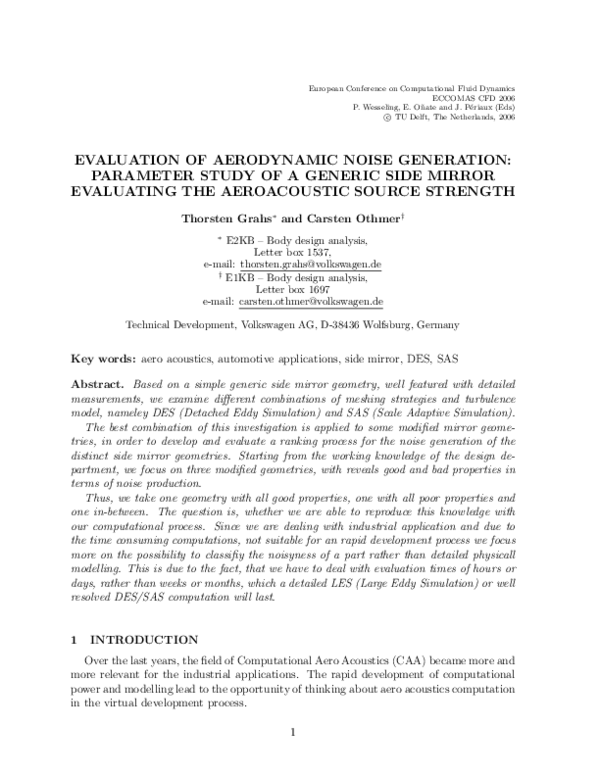 (PDF) Evaluation of Aerodynamic Noise Generation: Parameter Study of a ...