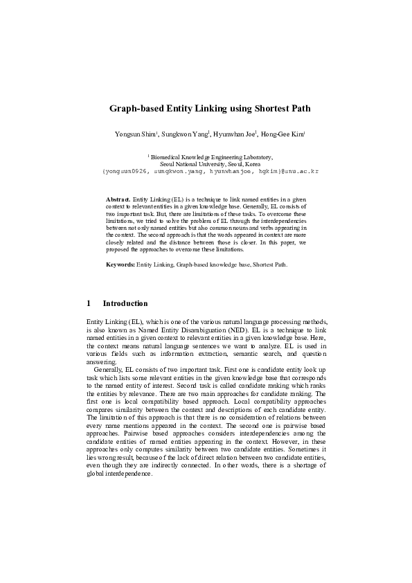 (PDF) Graph-based Entity Linking using Shortest Path