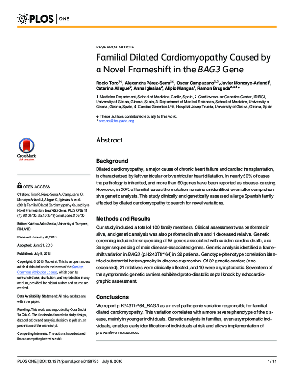 (PDF) Familial Dilated Cardiomyopathy Caused by a Novel Frameshift in ...
