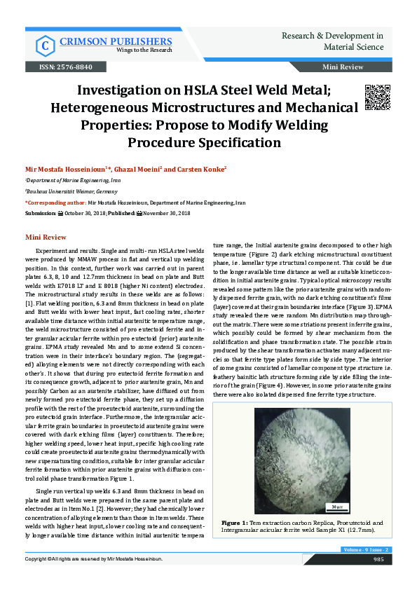 (PDF) Investigation on HSLA Steel Weld Metal; Heterogeneous ...