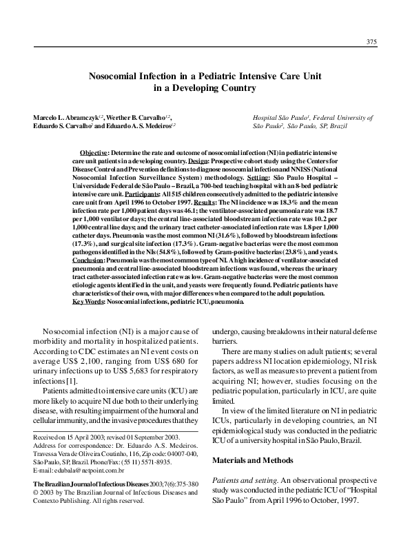 (PDF) Nosocomial infection in a pediatric intensive care unit in a ...