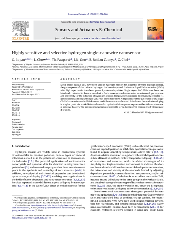 (PDF) Highly sensitive and selective hydrogen single-nanowire nanosensor