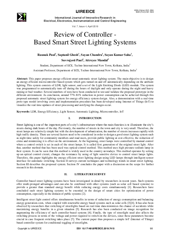 (PDF) Review of Controller - Based Smart Street Lighting Systems