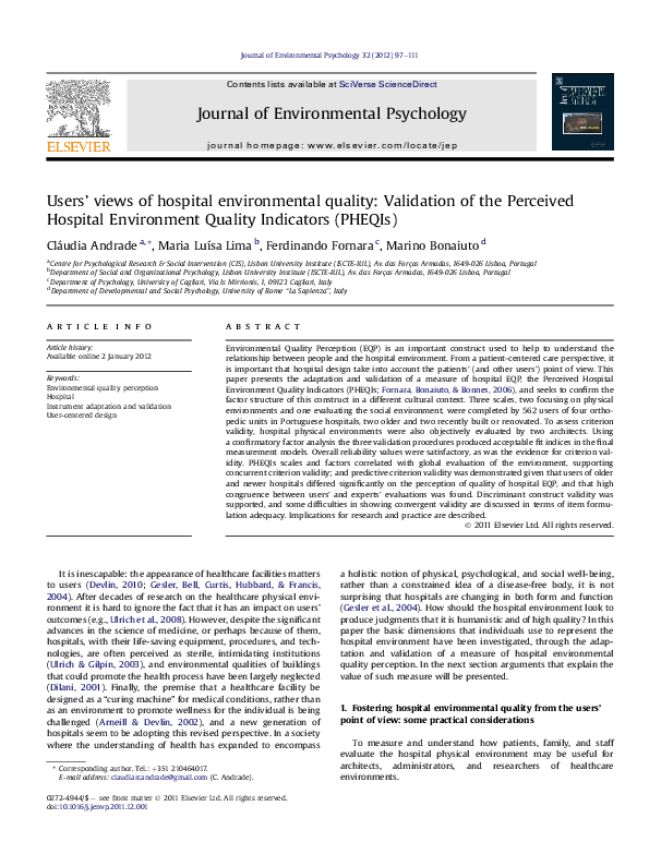 (PDF) Users’ views of hospital environmental quality Validation of the