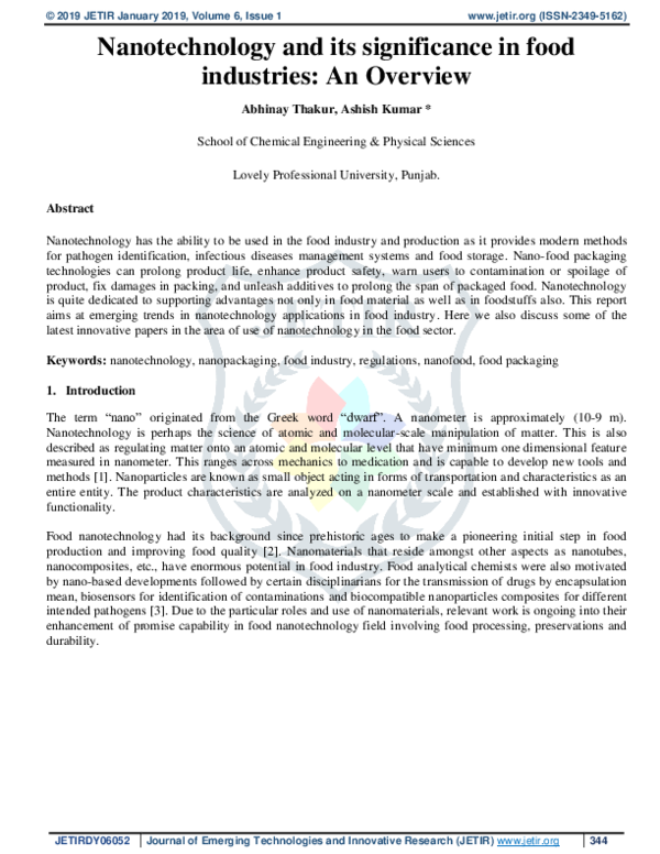 (PDF) Nanotechnology and its significance in food industries: An Overview