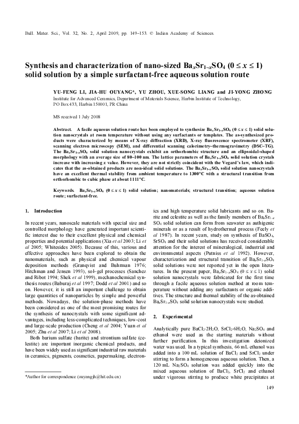 (PDF) Synthesis and characterization of nano-sized Ba x Sr1−x SO4 (0 ≤ ...