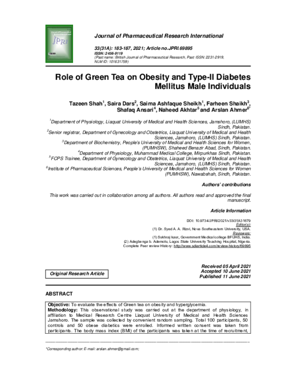 (PDF) Role of Green Tea on Obesity and Type-II Diabetes Mellitus Male ...