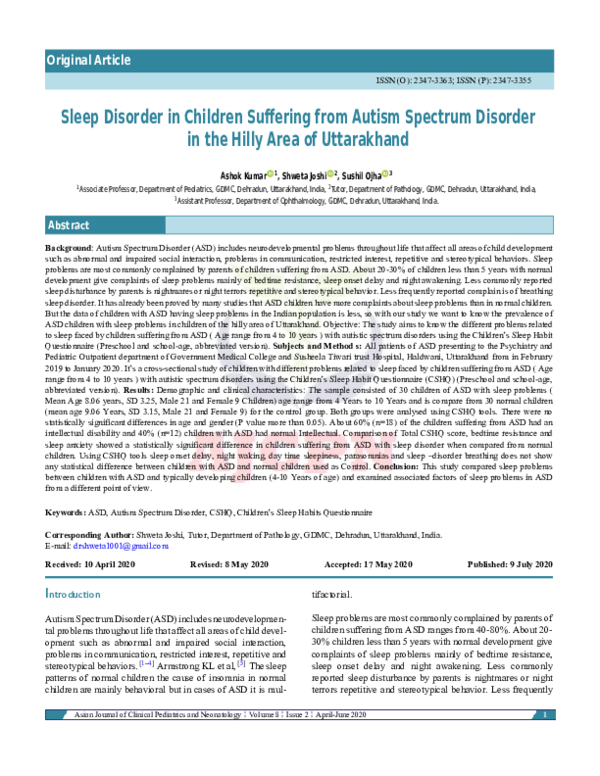 (PDF) Sleep Disorder in Children Suﬀering from Autism Spectrum Disorder ...