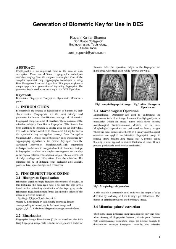 (PDF) Generation of Biometric key for use in DES