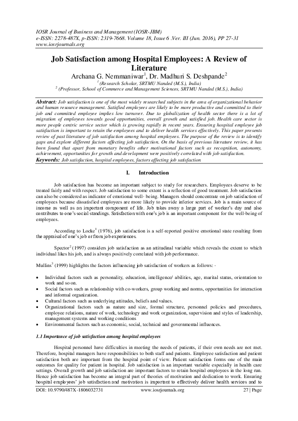 (PDF) Job Satisfaction among Hospital Employees : A Review of Literature