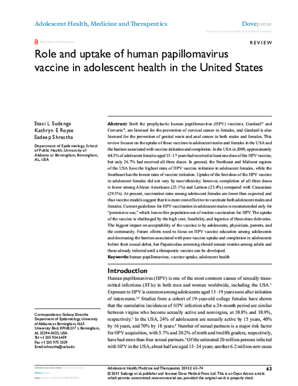 (PDF) Role and uptake of human papillomavirus vaccine in adolescent ...