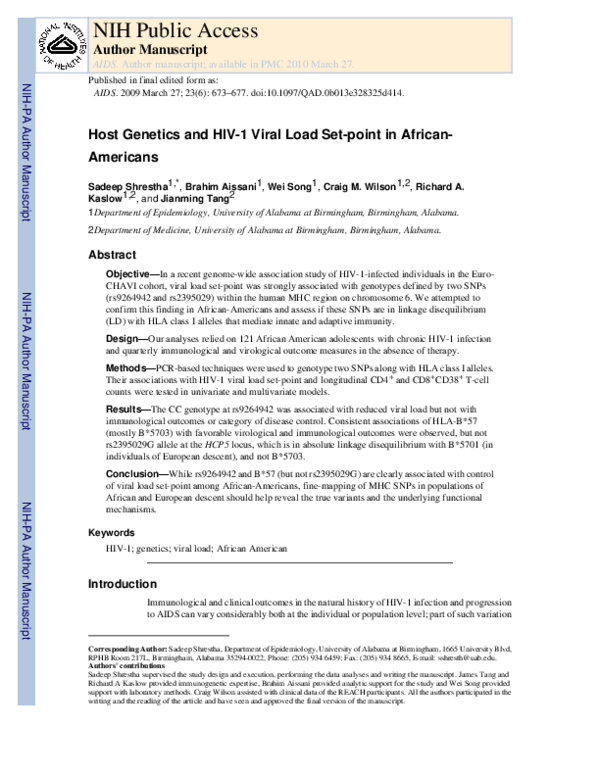 (PDF) Host genetics and HIV-1 viral load set-point in African–Americans