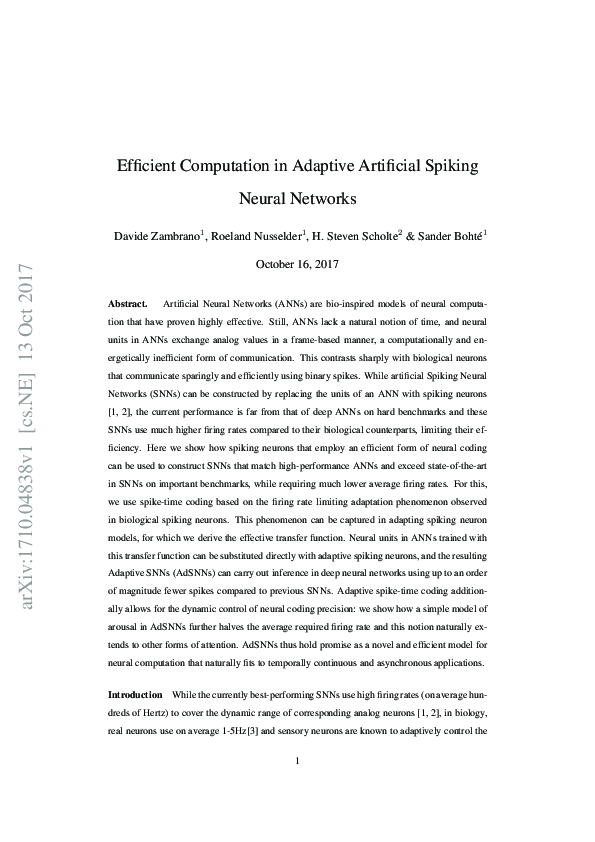 (PDF) Efficient Computation in Adaptive Artificial Spiking Neural Networks