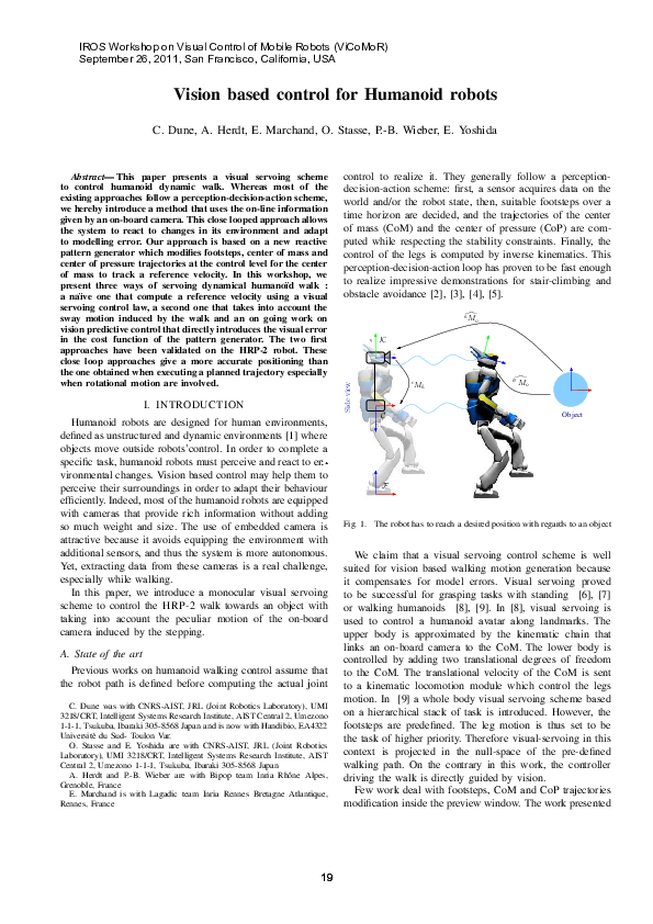 (PDF) Vision based control for Humanoid robots