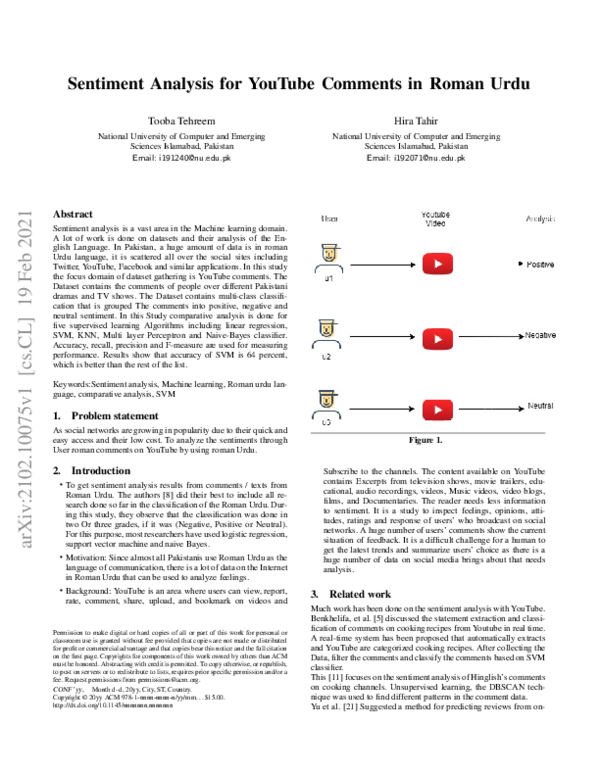 (PDF) Sentiment Analysis for YouTube Comments in Roman Urdu
