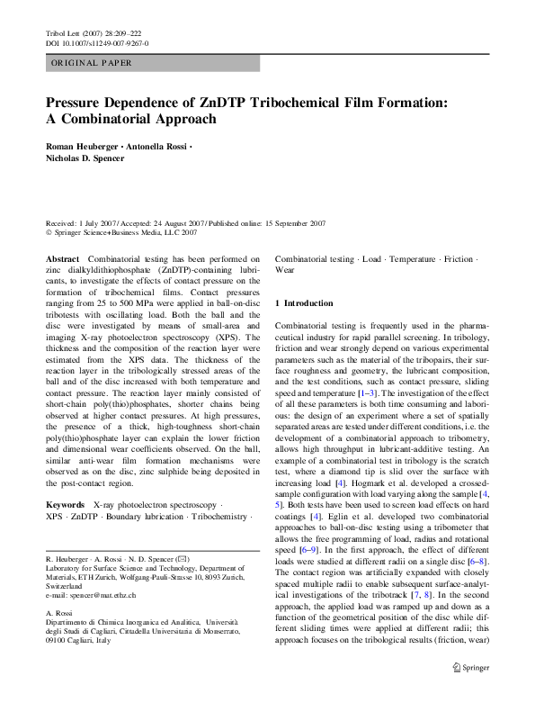 (PDF) Pressure dependence of ZnDTP tribochemical film formation: a ...