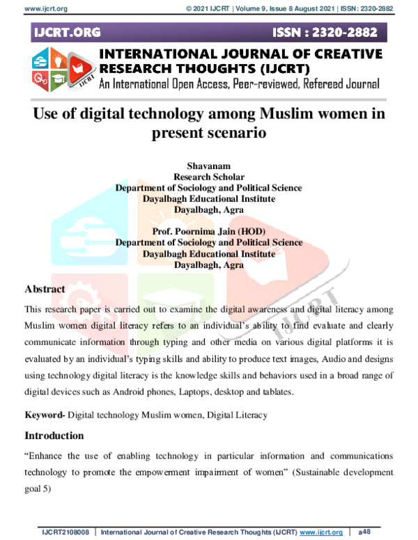 (PDF) Use of Digital Technology Among Muslim Women in Present Scenario