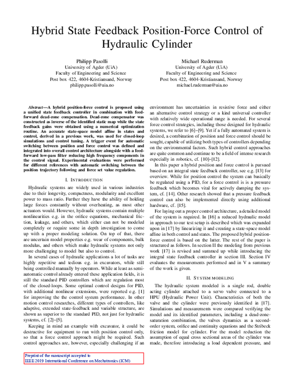 (PDF) Hybrid State Feedback Position-Force Control of Hydraulic Cylinder