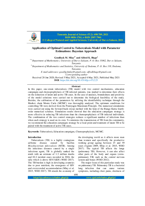 (PDF) Application of optimal control to tuberculosis model with ...