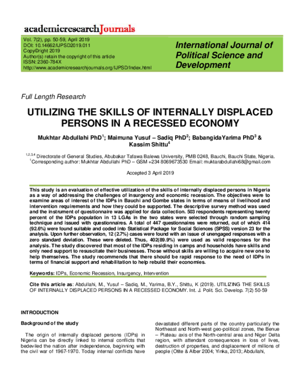 (PDF) Utilizing the Skills of Internally Displaced Persons in a ...