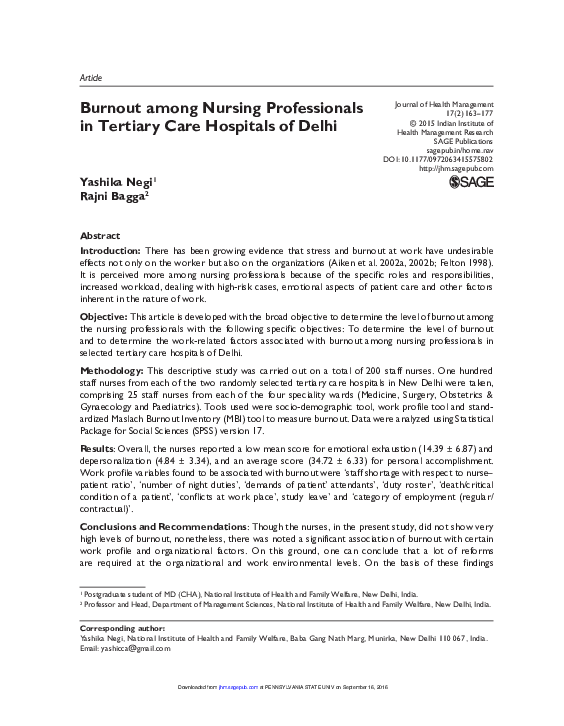 (PDF) Burnout among Nursing Professionals in Tertiary Care Hospitals of ...