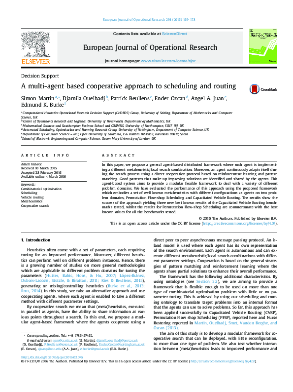 (PDF) A Multi-Agent Based Cooperative Approach to Scheduling and Routing