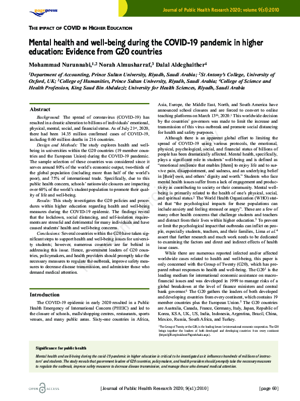 (PDF) Mental health and well-being during the COVID-19 pandemic in ...