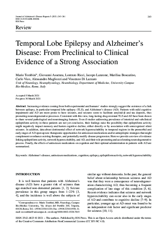 (PDF) Temporal Lobe Epilepsy and Alzheimer’s Disease: From Preclinical ...