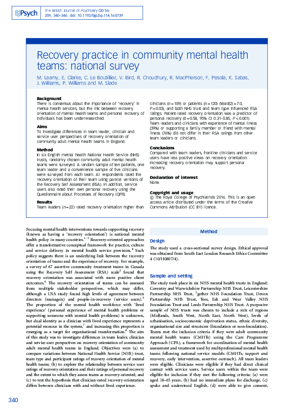 (PDF) Recovery practice in community mental health teams: national survey