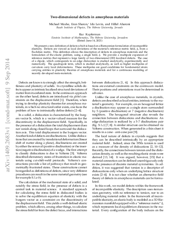 (PDF) Two-dimensional defects in amorphous materials