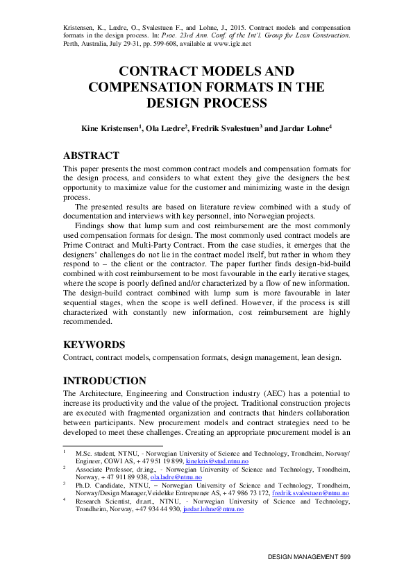 (PDF) Contract Models and Compensation Formats in the Design Process
