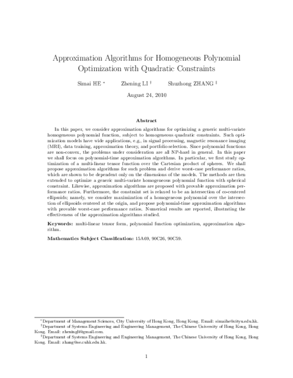 (PDF) Approximation algorithms for homogeneous polynomial optimization ...